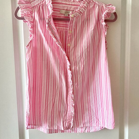 Ann Taylor LOFT pink striped ruffle sleeveless blouse xs - Picture 2 of 2